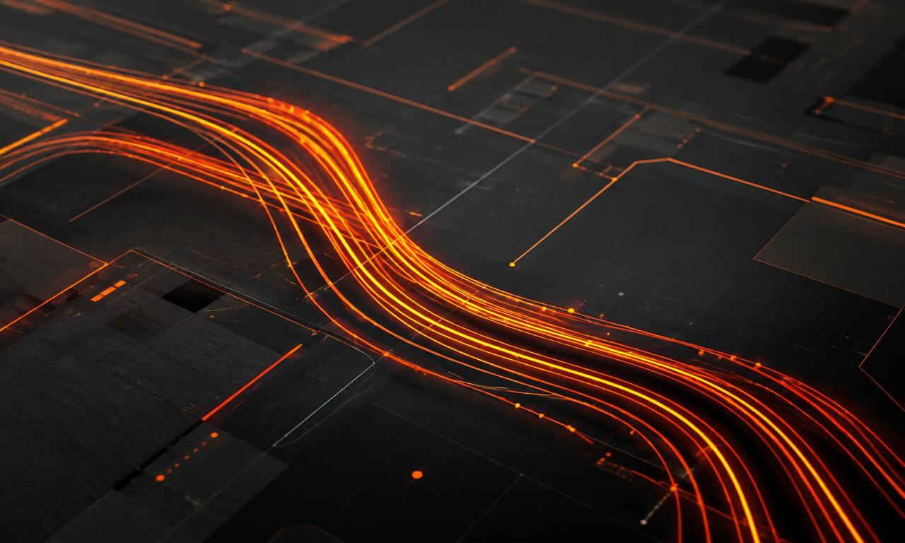 Abstract orange data streams across a dark grid